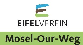 Logo des Eifelvereins mit bunten Strichen und dem Schriftzug 'Mosel-Our-Weg' auf grünem Hintergrund., © Eifelverein Logo des Eifelvereins mit bunten Strichen und dem Schriftzug 'Mosel-Our-Weg' auf grünem Hintergrund., © Eifelverein