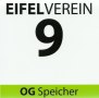 A sign of the Eifelverein with the number 9 and the Speicher local group on a white background with a green stripe., © Eifelverein OG Speicher A sign of the Eifelverein with the number 9 and the Speicher local group on a white background with a green stripe., © Eifelverein OG Speicher