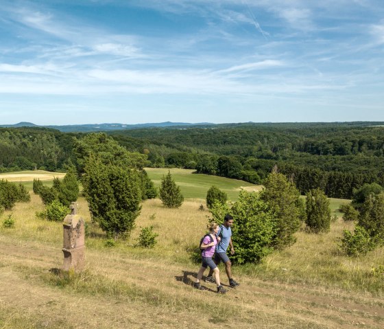 Deux randonneurs sur un sentier dans un paysage vert et vallonné, avec des arbres et un vaste ciel., © Eifel Tourismus GmbH, Dominik Ketz Deux randonneurs sur un sentier dans un paysage vert et vallonné, avec des arbres et un vaste ciel., © Eifel Tourismus GmbH, Dominik Ketz