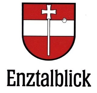 Sign with the inscription 'Rundweg Enztalblick' and a red and white coat of arms with a cross., © Gemeinde Enzen Sign with the inscription 'Rundweg Enztalblick' and a red and white coat of arms with a cross., © Gemeinde Enzen