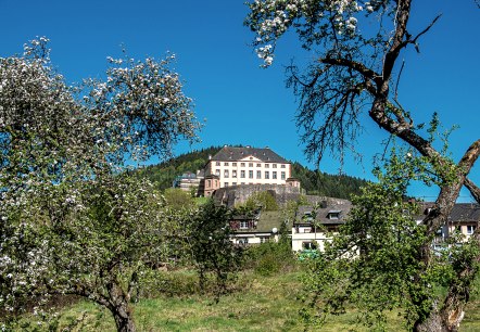 Malberg Castle sits enthroned on a hill, surrounded by blossoming trees and houses. The sky is clear and blue., © Tourist-Information Bitburger Land_Monika Mayer Malberg Castle sits enthroned on a hill, surrounded by blossoming trees and houses. The sky is clear and blue., © Tourist-Information Bitburger Land_Monika Mayer