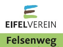 Logo of the Eifelverein with stylized lines in blue, brown and green. Below it is 'Felsenweg' on a green background., © Eifelverein Logo of the Eifelverein with stylized lines in blue, brown and green. Below it is 'Felsenweg' on a green background., © Eifelverein