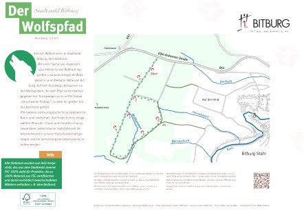 Infotafel des Wolfspfads im Stadtwald Bitburg. Zeigt eine Karte des Rundwegs mit 4,1 km Länge und Informationen über den Wald und den Pfad., © Forstrevier Bitburg Infotafel des Wolfspfads im Stadtwald Bitburg. Zeigt eine Karte des Rundwegs mit 4,1 km Länge und Informationen über den Wald und den Pfad., © Forstrevier Bitburg