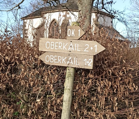 Signpost in Oberkail shows directions. A tree and a church in the background. Autumnal atmosphere with blue sky., © Petra Fischer Signpost in Oberkail shows directions. A tree and a church in the background. Autumnal atmosphere with blue sky., © Petra Fischer