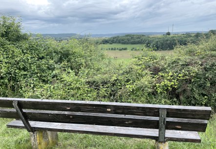 Houten bank met uitzicht op een groen landschap en een bewolkte lucht. Op de achtergrond zijn velden en bomen te zien., © Daniel Köhler Houten bank met uitzicht op een groen landschap en een bewolkte lucht. Op de achtergrond zijn velden en bomen te zien., © Daniel Köhler