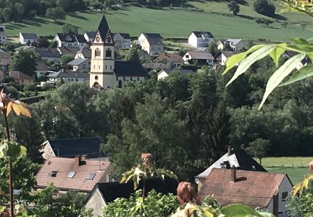 Dorfansicht mit Kirche im Zentrum, umgeben von Häusern und grünen Hügeln. Im Vordergrund sind Pflanzen zu sehen., © TI Bitburger Land Dorfansicht mit Kirche im Zentrum, umgeben von Häusern und grünen Hügeln. Im Vordergrund sind Pflanzen zu sehen., © TI Bitburger Land