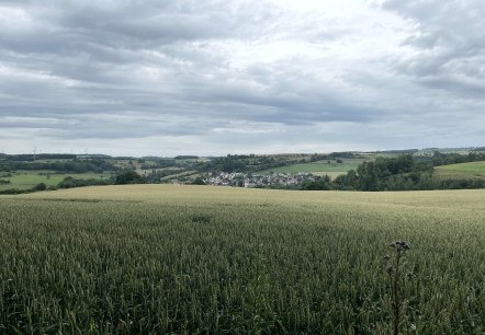 Weite Felder mit einem kleinen Dorf im Hintergrund, umgeben von grünen Hügeln und einem bewölkten Himmel., © Daniel Köhler Weite Felder mit einem kleinen Dorf im Hintergrund, umgeben von grünen Hügeln und einem bewölkten Himmel., © Daniel Köhler