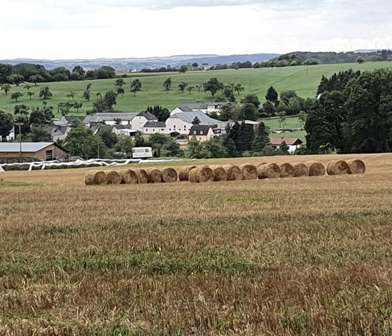 Zicht op een veld met strobalen, een dorp en groene heuvels op de achtergrond. De lucht is bewolkt., © TI Bitburger Land - Steffi Wagner Zicht op een veld met strobalen, een dorp en groene heuvels op de achtergrond. De lucht is bewolkt., © TI Bitburger Land - Steffi Wagner