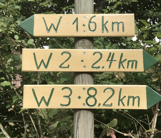 Drie gele wegwijzers met groene letters geven de wandelroutes W1, W2 en W3 aan met afstanden van 6 km, 2,4 km en 8,2 km., © Tourist-Info Bitburger Land M.Mayer Drie gele wegwijzers met groene letters geven de wandelroutes W1, W2 en W3 aan met afstanden van 6 km, 2,4 km en 8,2 km., © Tourist-Info Bitburger Land M.Mayer