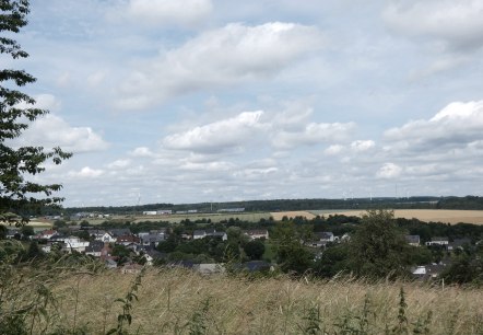 Blick auf ein Dorf mit Feldern und Windrädern im Hintergrund, unter einem bewölkten Himmel. Im Vordergrund sind Bäume und Gras zu sehen., © TI Bitburger Land Blick auf ein Dorf mit Feldern und Windrädern im Hintergrund, unter einem bewölkten Himmel. Im Vordergrund sind Bäume und Gras zu sehen., © TI Bitburger Land