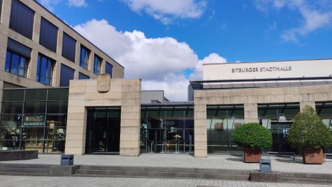 A modern-designed building with large windows and a glass facade. In front of it are decorative plants and the sky is clear and blue.