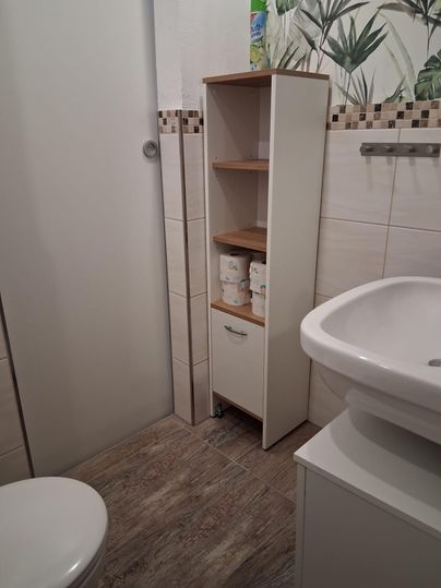 Ein modernes Badezimmer mit einem Waschbecken, einer schmalen Regalablage und einer Toilette. Die Wände sind hell gefliest, und es gibt dekorative Pflanzenmotive.