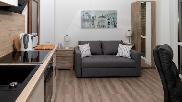 Ein modernes Wohnzimmer mit einer grauen Couch und einem Holzschrank. Die Küche ist offen und gut ausgestattet, mit einem hellen, freundlichen Ambiente.