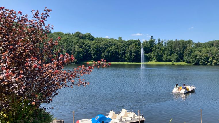 Man sieht einen See mit Wasserfontäne und schöner Landschaft