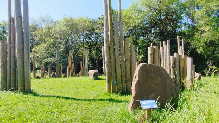 Ein Freiraum mit hohen Holzpfählen und großen Steinen, umgeben von grünem Gras. Im Hintergrund sind Bäume sichtbar, die den Bereich umrahmen.