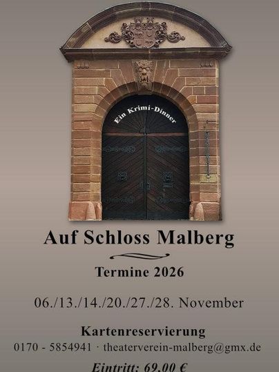 A single entrance to an impressive castle. Note about a murder mystery dinner with dates in November 2026.