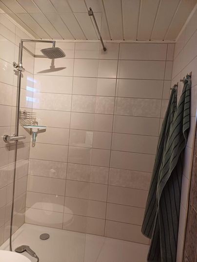 Eine einfache Dusche mit weißen Fliesen und einem modernen Duschkopf. Zwei grüne Handtücher hängen in der Ecke.