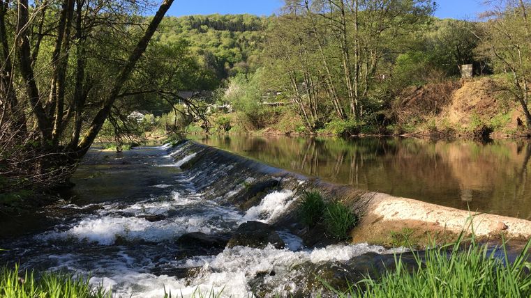 A small waterfall flows into a calm river, surrounded by green grass and trees. In the background, gentle hills and blue sky can be seen.