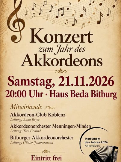 Ein Plakat für ein Akkordeon-Konzert, das am 21. November 2026 stattfindet. Die Veranstaltung wird von verschiedenen Akkordeonorchestern mit einem Hinweis auf freien Eintritt angekündigt.