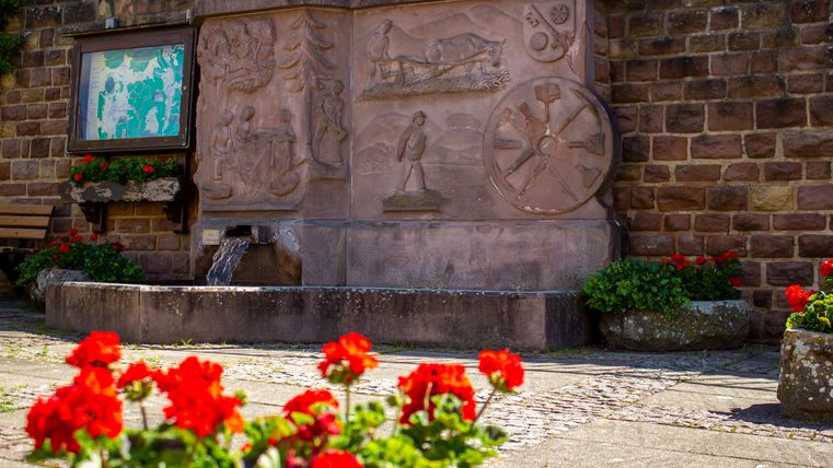 Steinbrunnen mit Reliefs und roten Blumen in Neidenbach.