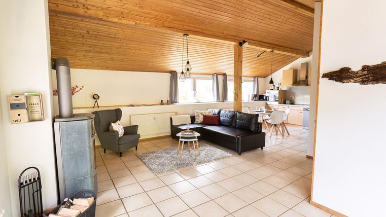 Ein gemütliches Wohnzimmer mit Holzdecke, modernen Möbeln und hellen Farben. Die offene Küche ist gut sichtbar, und es gibt einen Essbereich mit einem Tisch und Stühlen.