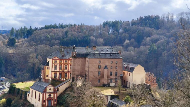 An old castle on a hill, surrounded by trees and a picturesque landscape. The sky is cloudy, giving the scene a mysterious atmosphere.