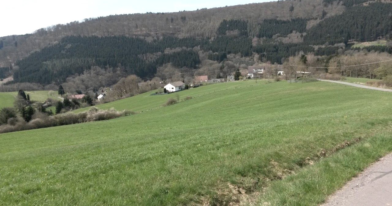 Groene weiden strekken zich uit voor een dorp omringd door beboste heuvels in Zendscheid., &copy; R. Schaal
