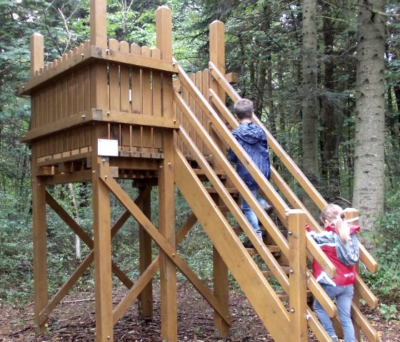 Two children climb up a wooden platform in the forest. The surrounding area is densely wooded., © Tourist-Information Bitburger Land