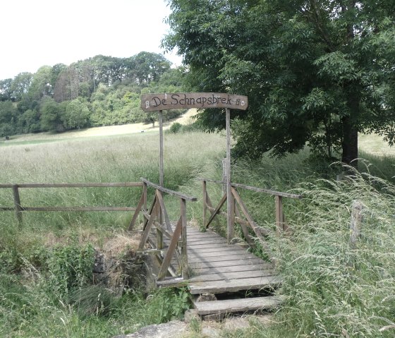 Kleine houten brug met bord 'De Schnapsbrek' in een groene weide, omringd door bomen en heuvels., © TI Bitburger Land