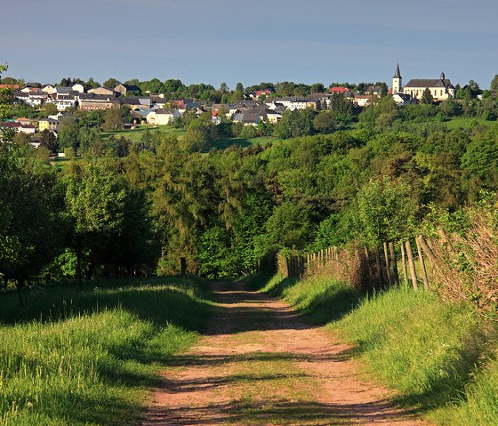 Ein Weg f&uuml;hrt durch gr&uuml;ne Wiesen zu einem Dorf mit Kirche, umgeben von &uuml;ppiger Vegetation unter blauem Himmel., &copy; Naturpark S&uuml;deifel, Charly Schleder