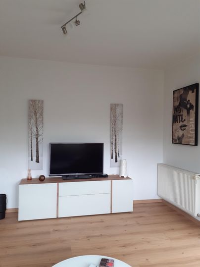 Een moderne woonruimte met een televisie op een wit tv-kastje. Aan de muren hangen schilderijen met bomen en een ander kunstwerk.