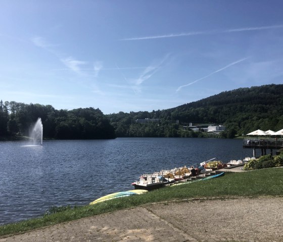 Der Bitburger Stausee in Biersdorf am See mit Tretbooten, einem Springbrunnen und umliegenden Hügeln unter blauem Himmel., © TI Bitburger Land