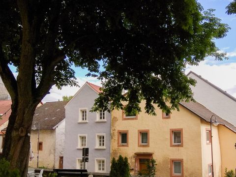 Ein malerischer Stadtblick mit bunten Häusern und grünem Baum im Vordergrund. Die Architektur ist charmant und typisch für historische Stadtgebiete.