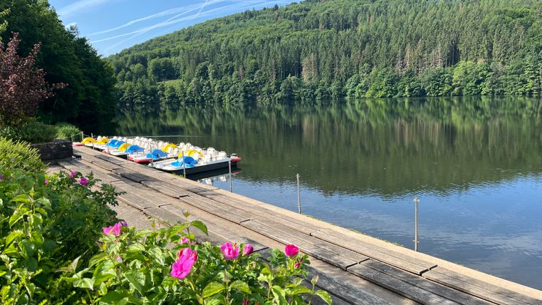 Tretboote an einem Steg am ruhigen Stausee mit bewaldeten Hügeln im Hintergrund.