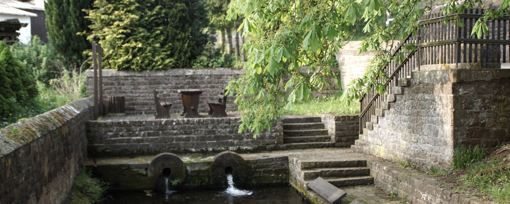 Alter Waschplatz mit Wasserbecken, Steinmauern und Treppen, umgeben von grüner Vegetation und Bäumen., © Monika Bach