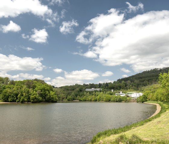 The Bitburg reservoir with green hills and buildings in the background, under a blue sky with white clouds., © Eifel Tourismus GmbH, Dominik Ketz