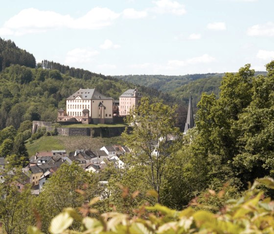 Malberg Castle is enthroned on a hill, surrounded by green forests and a village in the foreground. The sky is blue with a few clouds., © TI Bitburger Land