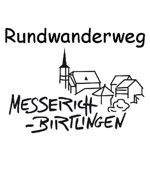 Logo des Rundwanderwegs Messerich-Birtlingen mit gezeichneten Gebäuden und einem Kirchturm.