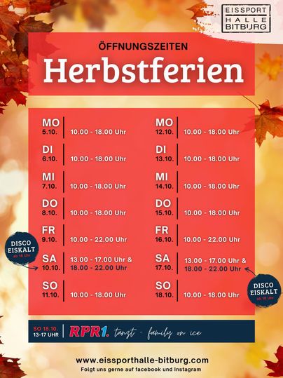 Une fiche d'information avec les heures d'ouverture de la patinoire de Bitburg pendant les vacances d'automne. Contient un tableau avec les heures d'ouverture pour chaque jour de la semaine.