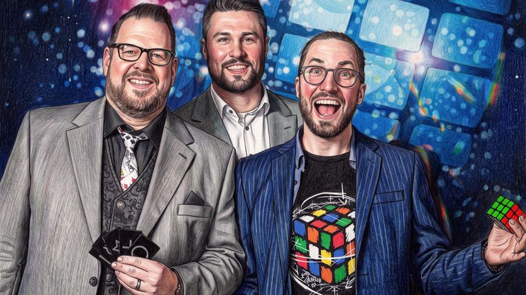 Drie mannen staan samen en lachen. Ze dragen pakken en houden rekwisieten zoals kaarten en een Rubik's Cube in hun hand.