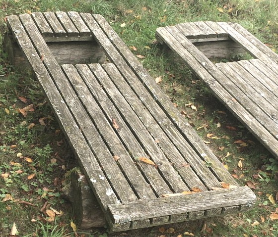 Twee verweerde houten deuren met rechthoekige openingen liggen in een weiland. Herfstbladeren liggen verspreid., © TI Bitburger Land M.Mayer