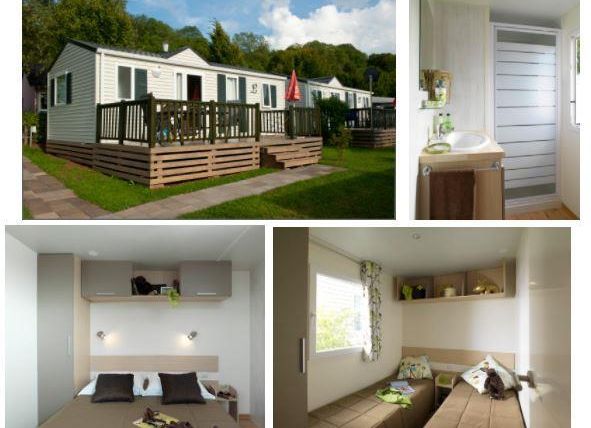 Moderne Ferienhäuser mit Terrassen in einer grünen Umgebung. Innenräume mit gemütlichen Schlafzimmern und praktischen Badezimmern.