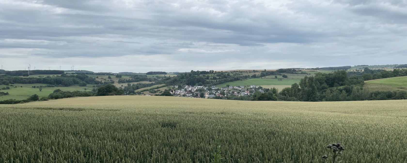 Weite Felder mit einem kleinen Dorf im Hintergrund, umgeben von gr&uuml;nen H&uuml;geln und einem bew&ouml;lkten Himmel., &copy; Daniel K&ouml;hler