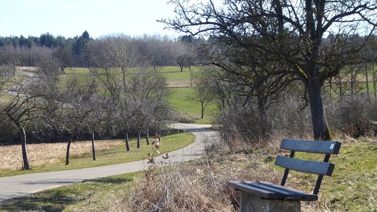 Eine Bank am Wegesrand mit Blick auf eine ländliche Landschaft und einen gewundenen Pfad.