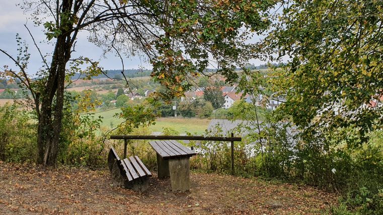 Eine Bank unter einem Baum mit Blick auf ein Dorf in einer hügeligen Landschaft.