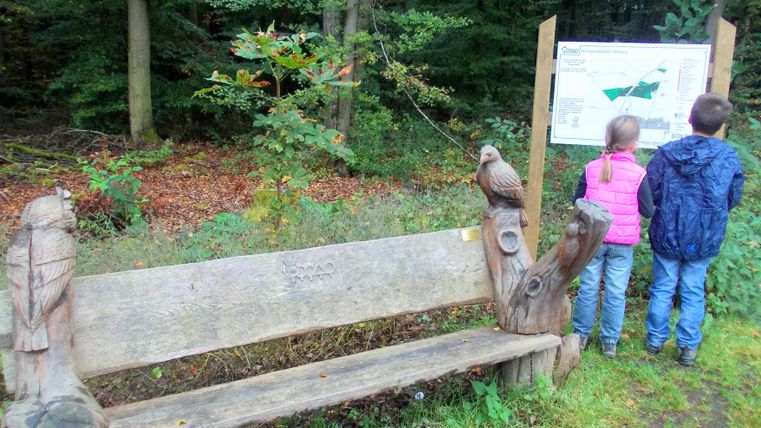 Zwei Kinder stehen vor einer Infotafel im Wald neben einer Holzbank mit geschnitzten Eulen.
