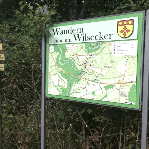 Information board in Wilsecker shows hiking trails and a map. Next to it is a signpost with distances. Surrounded by trees and bushes., © Tourist-Info Bitburger Land M.Mayer