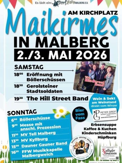Ein Veranstaltungsplakat für die Maikirmes in Malberg am 2. und 3. Mai 2026. Es zeigt verschiedene Programmpunkte und Aktivitäten für Samstag und Sonntag.