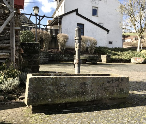 Een oude fontein op een geplaveid plein, omringd door struiken en een wit gebouw op de achtergrond., © TI Bitburger Land