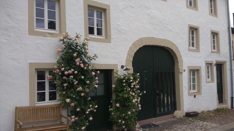 Ein charmantes weißes Gebäude mit grüner Tür und Fenstern. Rosa Rosen umrahmen den Eingang und eine Bank steht vor der Wand.